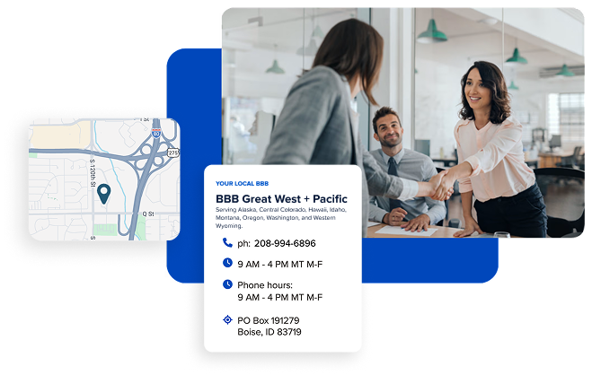 Map, local BBB contact card and a team greeting a client
