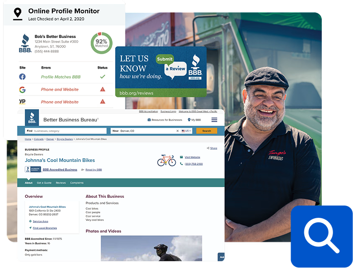 BBB business profile screens alongside a business owner